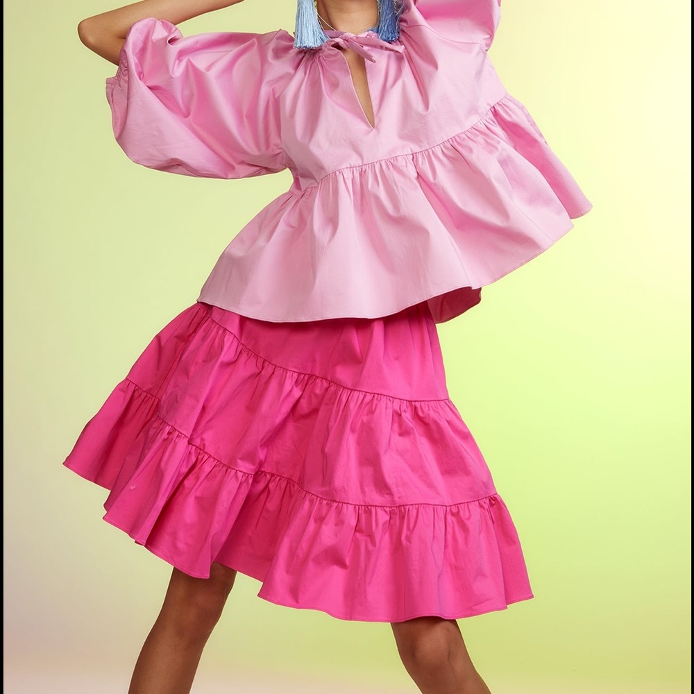 Cynthia Rowley Pink Tiered Cotton Skirt. Side Zip
